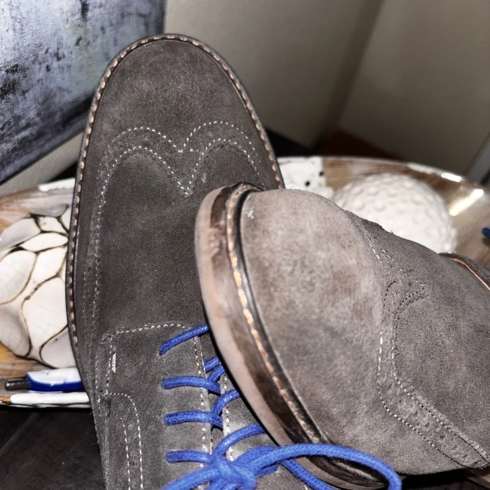 Vionic Bruno wingtip oxford shoe in gray suede with blue laces SS 13​​​